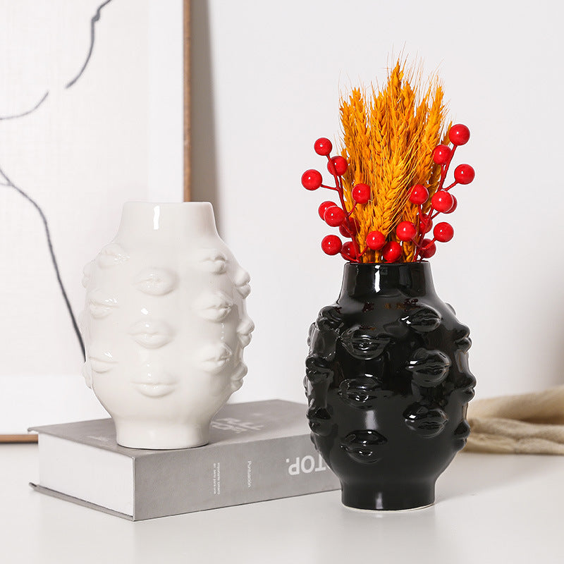 Minimalist Ceramic Lip-Shaped Flower Vase Modern Home Decor Ornament for Living Room and Hotel